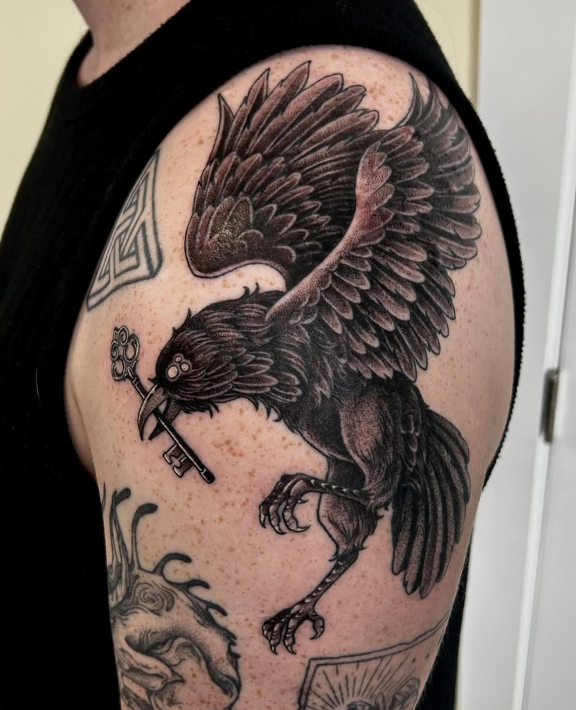 Black and grey raven tattoo by Ashlyn Hader at Two 0 Six Ottawa