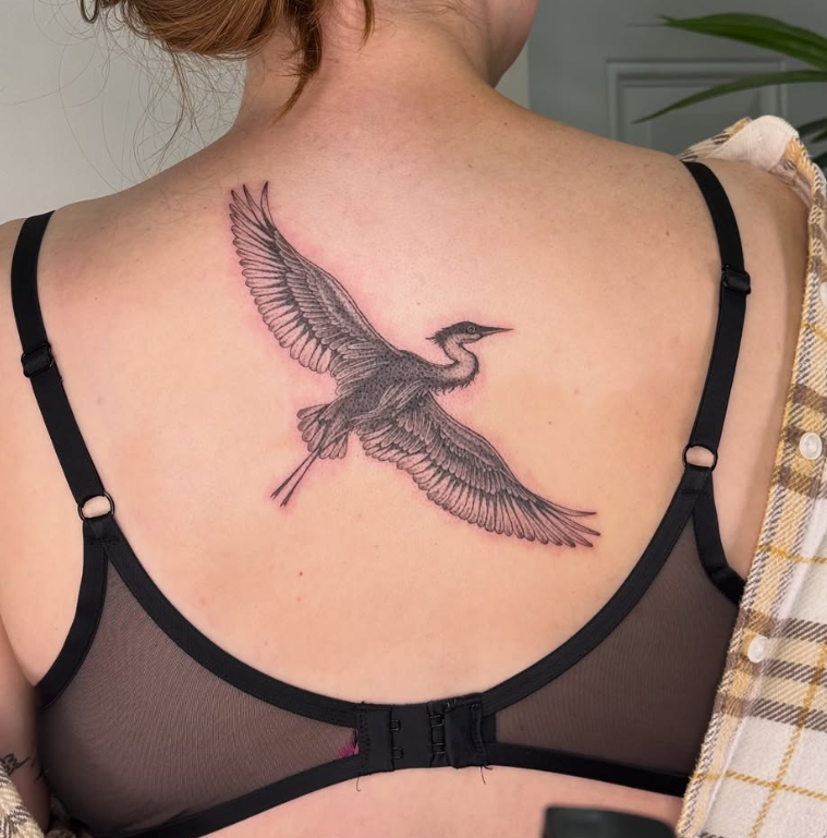 Fine line crane tattoo by Keirra Prince at Two 0 Six Ottawa