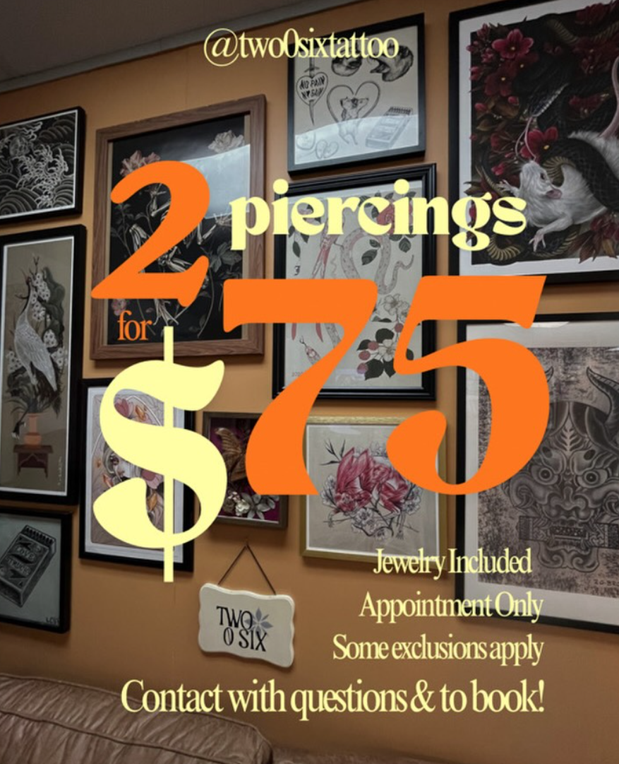 2 Piercings for $75 — Jewelry Included, Appointment Only